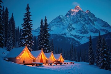 Christmas tents glow warmly at the base of a snowy mountain. Lonely fir trees stand nearby, and fresh snow covers the peaceful winter landscape