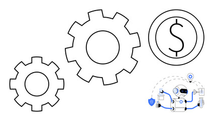 Robot managing workflows, gears representing mechanism and process, currency symbol for profit. Ideal for automation, finance, technology, innovation, efficiency robotics productivity. Simple flat