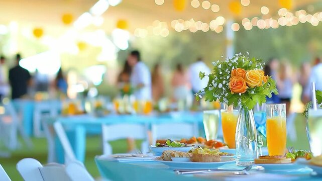 Elegant Outdoor Party Setting with Dishes, Beverages, and Floral Centerpiece Under Bright Lights