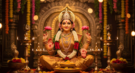 Fototapeta premium Divine Lakshmi Indian Goddess of Wealth, Prosperity, and Beauty, Spiritual Devotion, Temple, Flowers, Candles.