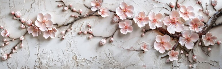 3d embossed clay wall, elegant pink cherry blossom flowers on branches