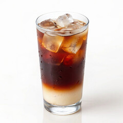 Chilled coffee beverage features ice, cream, and coffee in a tall glass, perfect for a refreshing summertime treat against a crisp white backdrop.