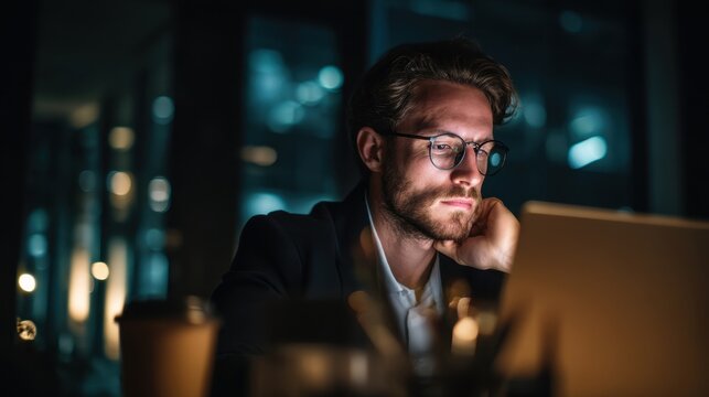 Laptop office: focused professional working late in modern workspace