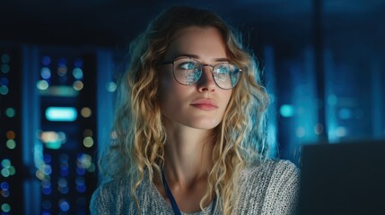 Sysadmin woman analyzing data in high-tech server room environment