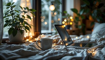 Cozy Bedroom Office with Warm Coffee-Colored Lighting and Indoor Plant 

