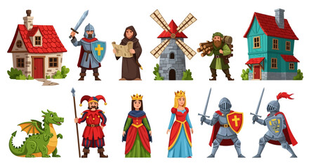 Cartoon Medieval Characters and Buildings: Knights, Royalty, Dragon, and Structures