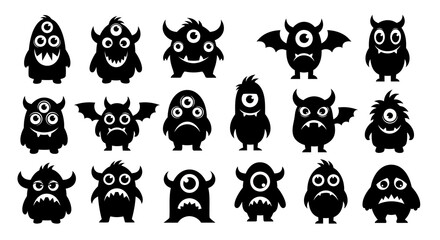 Fototapeta premium Collection of Black and White Cartoon Monster Silhouettes with Various Expressions