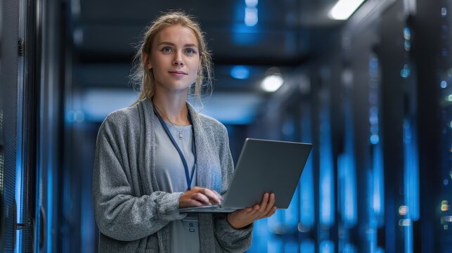 Sysadmin woman managing network systems in server room