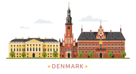 Fototapeta premium Illustrated Danish Architectural Ensemble: Yellow and Red Brick Buildings with Tall Tower