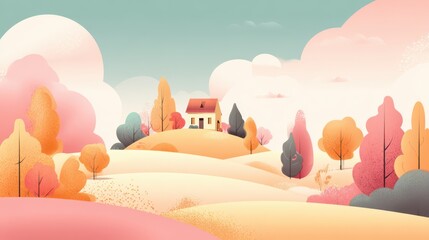 an autumn landscape with trees and a house on a hill, in a flat design, vector illustration style