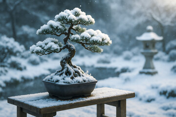 Snow Covered Bonsai Tree on Wooden Table in Tranquil Winter Garden