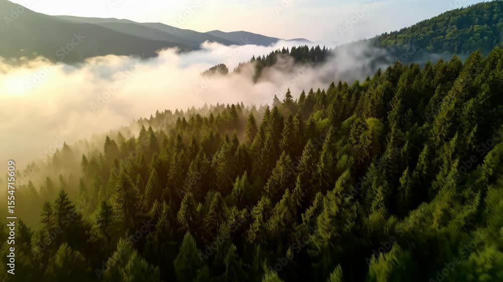 Aufkleber Aerial view capturing a misty forest, showcasing evergreen trees shrouded in a layer of low-lying clouds on a mountain landscape.