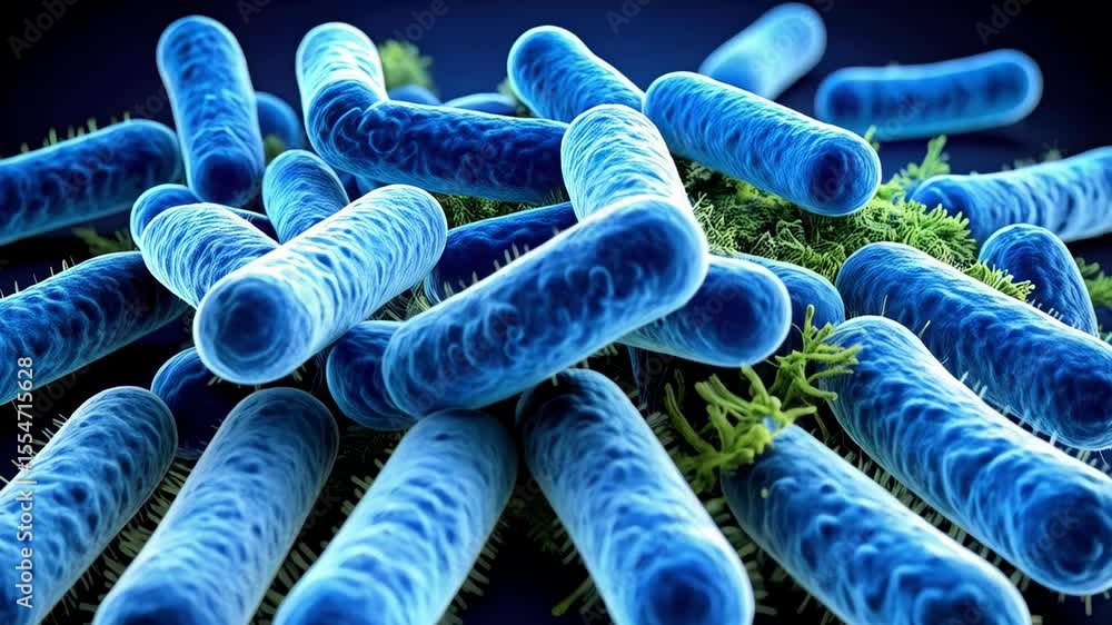 Poster close-up rendering of numerous blue rod-shaped bacteria cells clustered with green algae and highlig