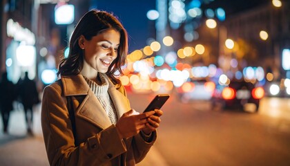 Smiling woman checking phone at night in city street with blurred lights.