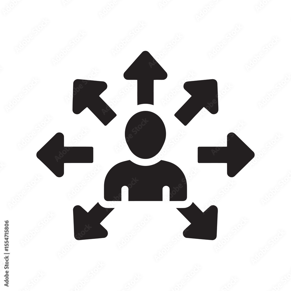 Poster multitasking skill icon with person and arrows showing capability for management and task delegation