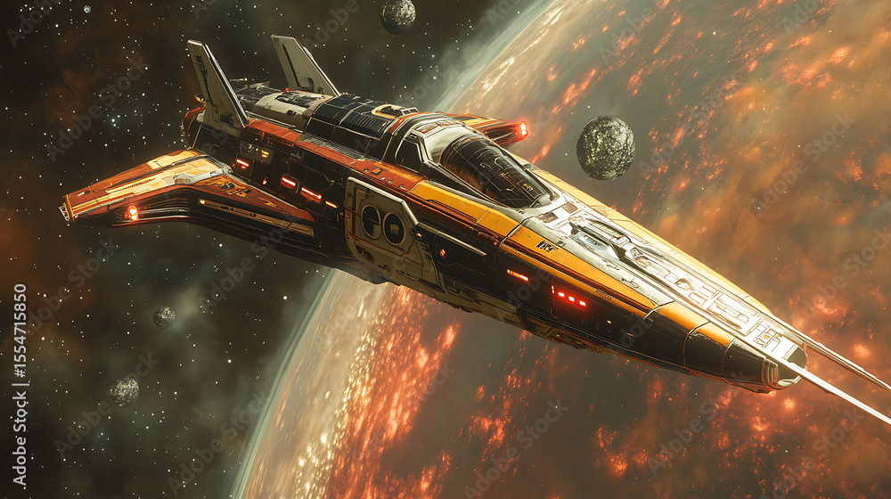 Poster futuristic spaceship flying through outer space orbiting a molten planet with distant moons