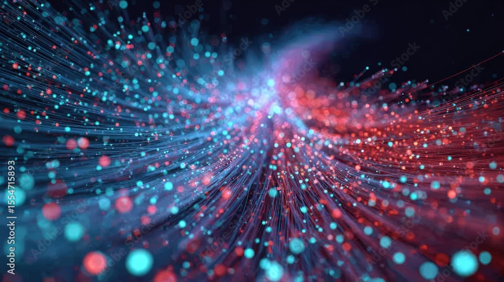 Poster abstract digital wave of blue and red particles flowing dynamically against a dark background, repre