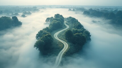 Serpentine road winding through a misty forest.  Aerial view of a lush, green island of trees and a curving road, enveloped in a soft, pale blue mist.  Tranquil and serene