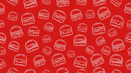 Red hamburger background. Seamless pattern of burger doodle line art. Packaging, wrapper, banner, wallpaper