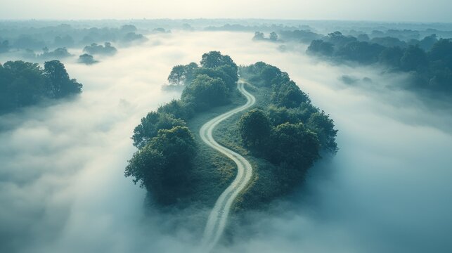 Serpentine road winding through a misty forest.  Aerial view of a lush, green island of trees and a curving road, enveloped in a soft, pale blue mist.  Tranquil and serene