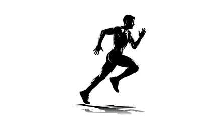 Silhouette of Muscular Man Running Fast with Shadow on White Background