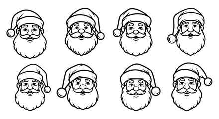 Santa Claus Heads Collection, Black and White Outline Style, Christmas Theme