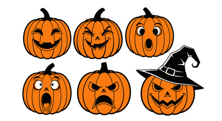 Six Cartoon Halloween Pumpkins with Various Spooky Expressions