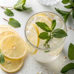 Refreshing citrus beverage with sliced lemons and fresh mint served over ice on a clean white surface.