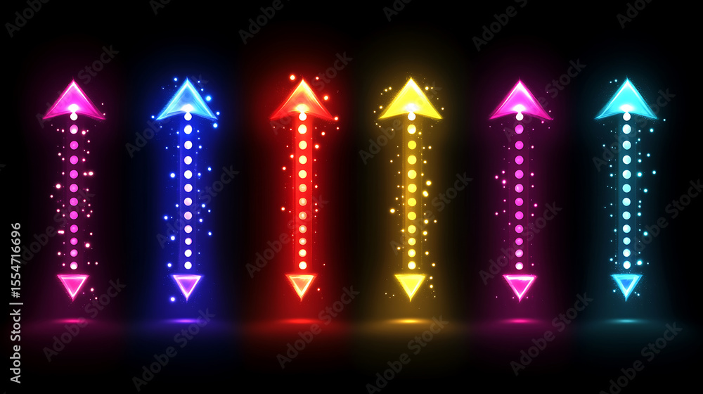Poster glowing arrow collection with neon lights and sparkles pointing up and down,displaying colorful dire