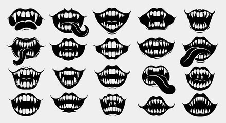 Collection of Twenty Black and White Monster Mouths with Sharp Fangs and Tongues