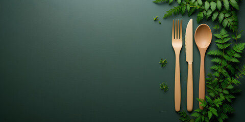 Bamboo-Look Wooden Cutlery on Dark Green Table with Natural Greenery

