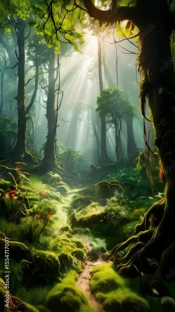 Aufkleber sunlight shines through a misty green forest with tall trees covered in moss and a winding path, cre