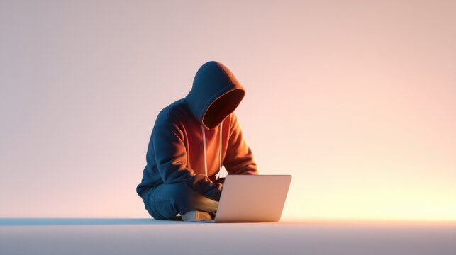 Cyber Threat Visual of Figure in Hoodie Using Laptop for Interaction