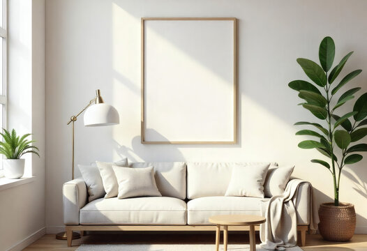 A brightly lit minimalist living room with a light colored sofa a large blank framed picture on the wall a floor lamp and two potted plants