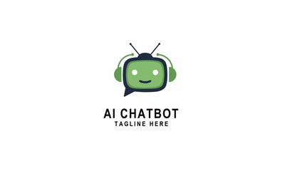 AI Chatbot Logo Green Robot Head in Speech Bubble, Headset Symbolizing Customer Service & Communication