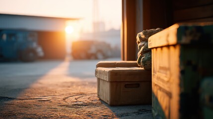 Early Morning Light Casting Shadows Across Boxes and Ground