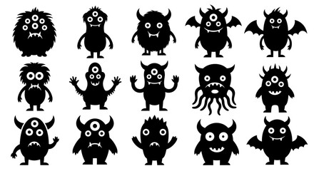 Silhouetted Black Monster Characters with Various Eyes, Horns, and Wings