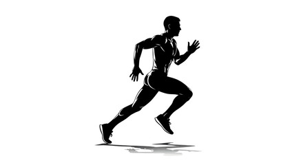 Silhouette of Muscular Man Running in Black and White Vector Illustration