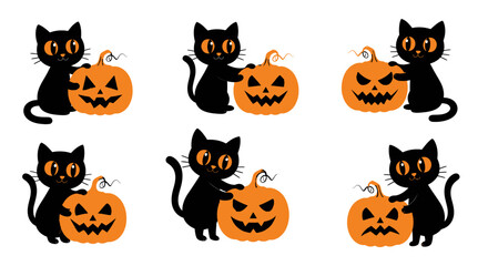 Six Adorable Black Cats with Jack-o'-Lantern Pumpkins: Halloween Clipart