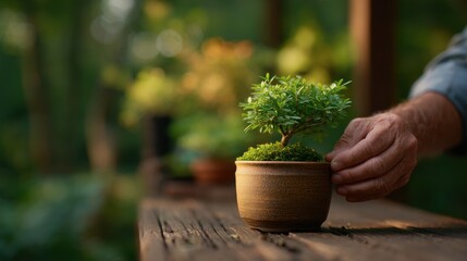 Elderly Hands Carefully Placing Bonsai into Ceramic Pot