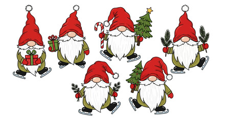 Six Christmas Gnomes Ice Skating with Gifts, Trees, and Candy Cane; Red Hats, White Beards, Green Outfits