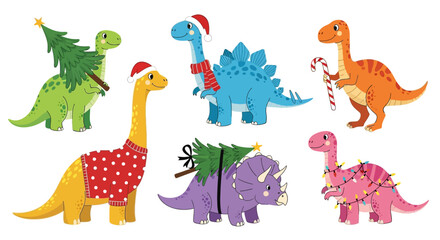 Six Adorable Cartoon Dinosaurs in Festive Christmas Attire