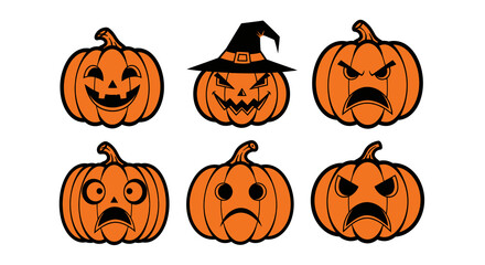 Six Halloween Pumpkins with Various Facial Expressions and Black Outlines