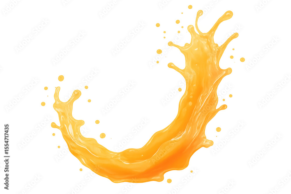Poster vibrant orange liquid splashing and creating a dynamic arc against a transparent background, capturi