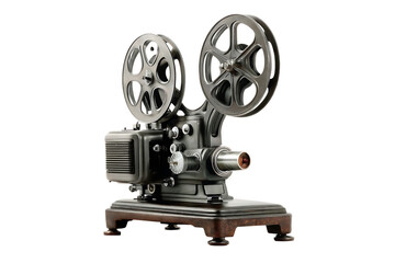 Obraz premium Antique film projector with metal reels isolated on a transparent background vintage