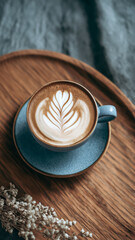 Cappuccino with Latte Art on Wooden Table Top View
