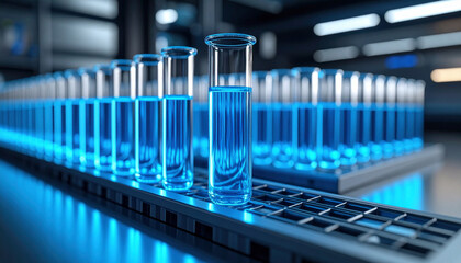Closeup of Blue Liquid Filled Test Tubes in a Modern Lab Setting