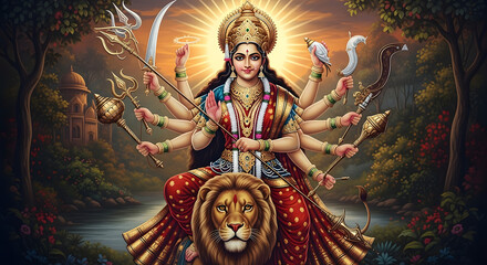 Goddess Durga with weapons, lion, multi-armed, divine, spiritual artwork, India, Hindu religion.