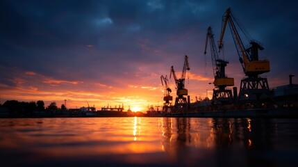 Massive Industrial Cranes Silhouetted Against Twilight Sky