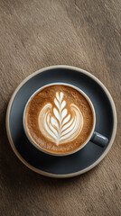Cappuccino With Latte Art Top View on Wooden Table in Cozy Cafe Flat Lay
